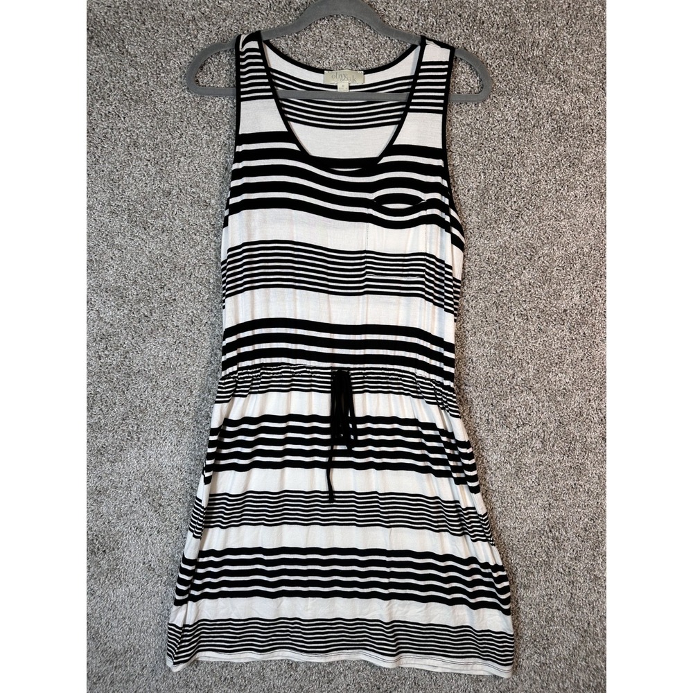 Olive & Oak Elastic Waist Striped Mini Dress M White Black Knit Stretch Nautical